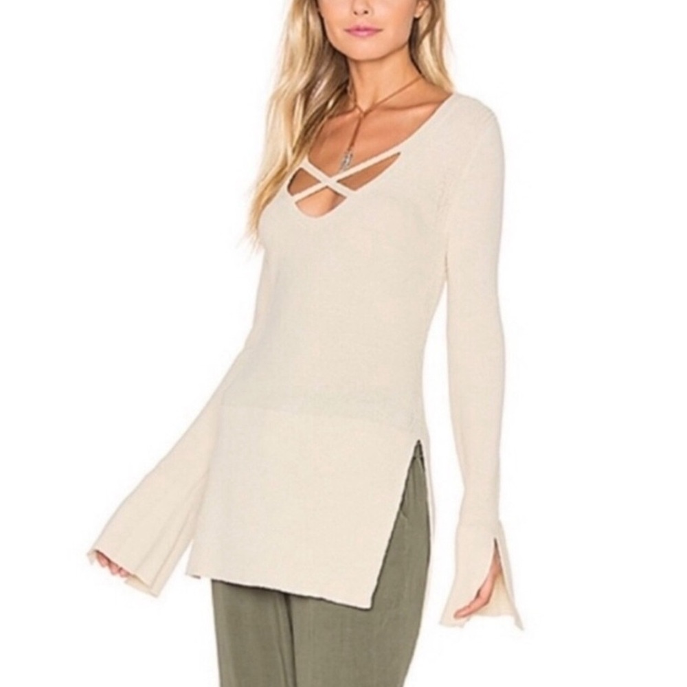 Free People Criss Cross Tunic V Neck Knit Cream Sweater Size Medium